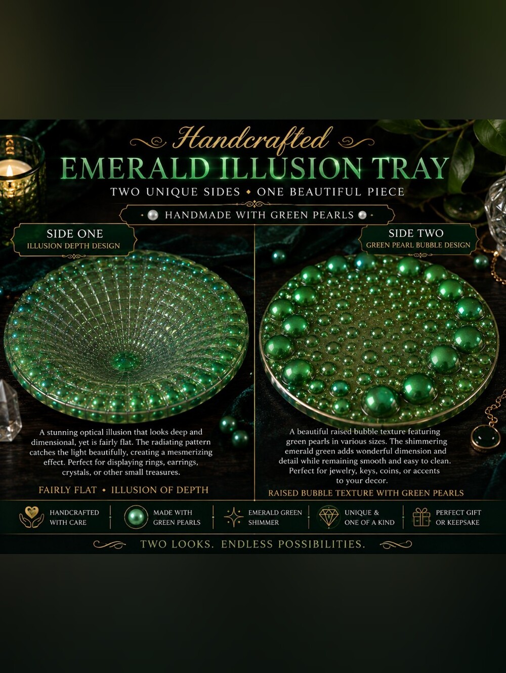 Handcrafted Emerald Illusion Tray - Green Glass Decorative Plate